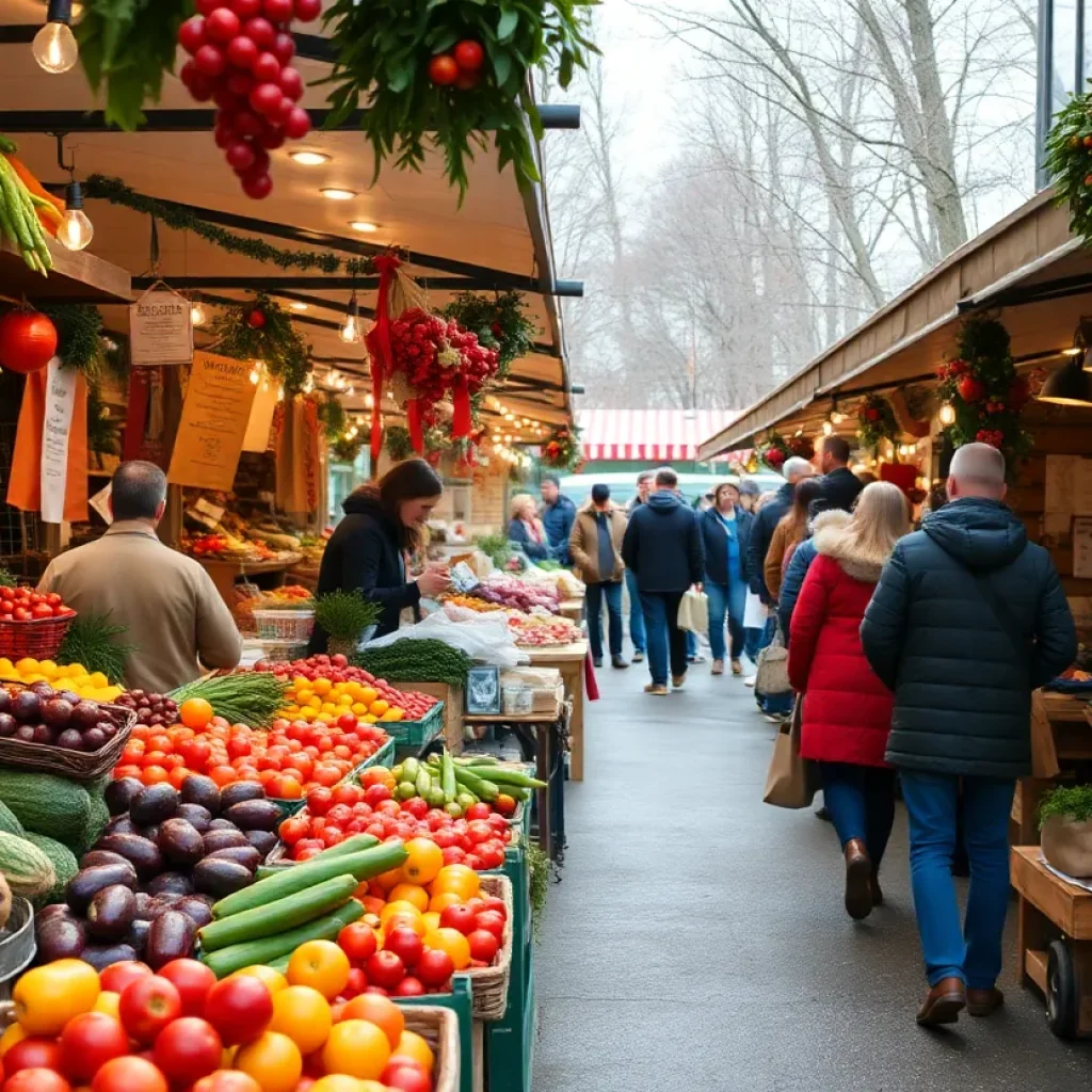 A scene from Asheville's winter farmers' market with fresh produce and local vendors.