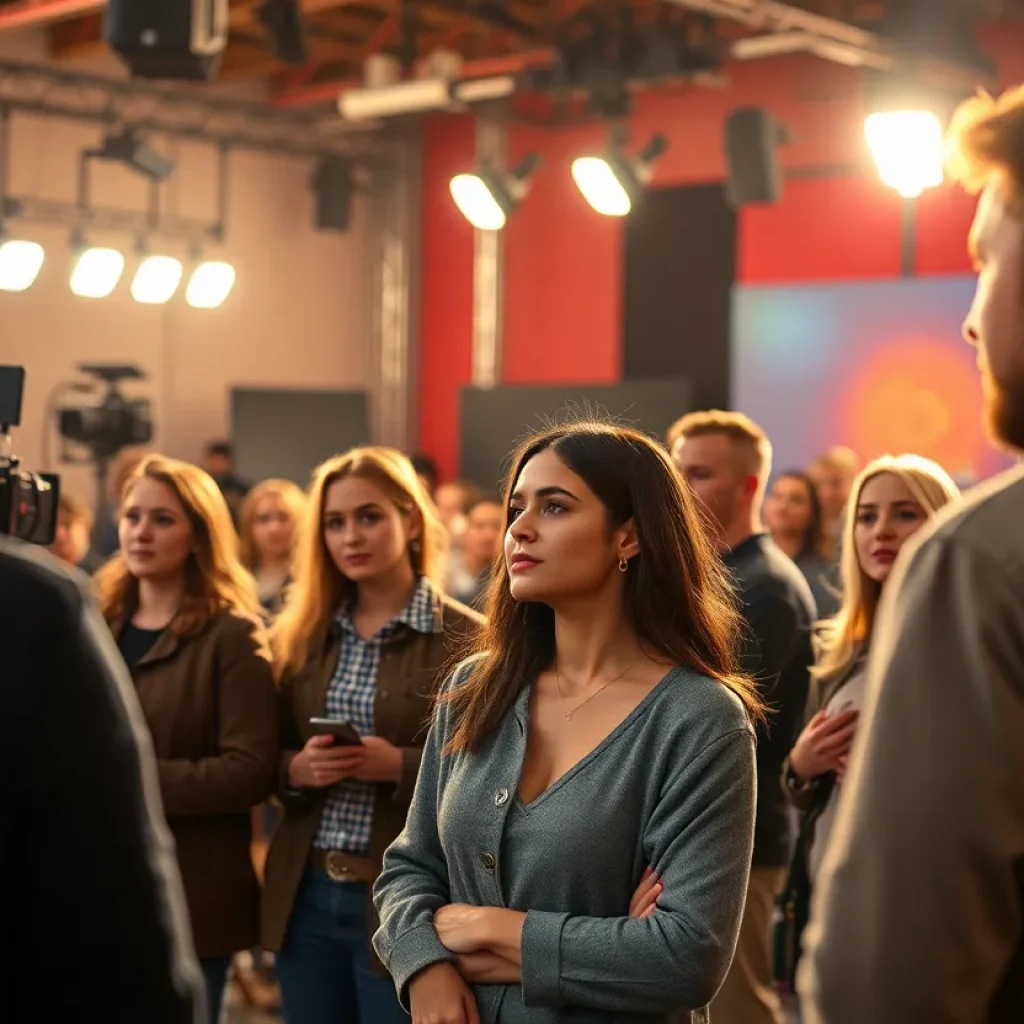 Actors auditioning in front of a casting call backdrop