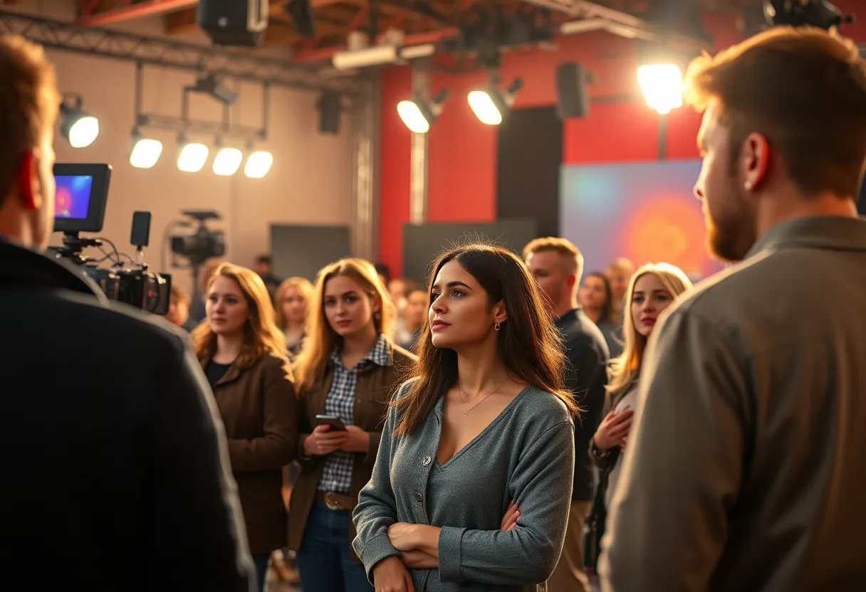 Actors auditioning in front of a casting call backdrop