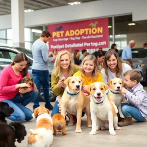 Families engaging with puppies at a dog adoption event.
