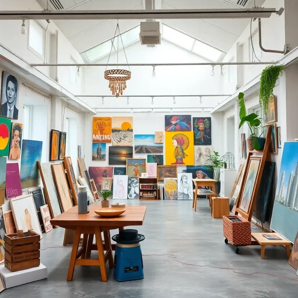 Interior of Resurrection Studios Collective with artwork displayed