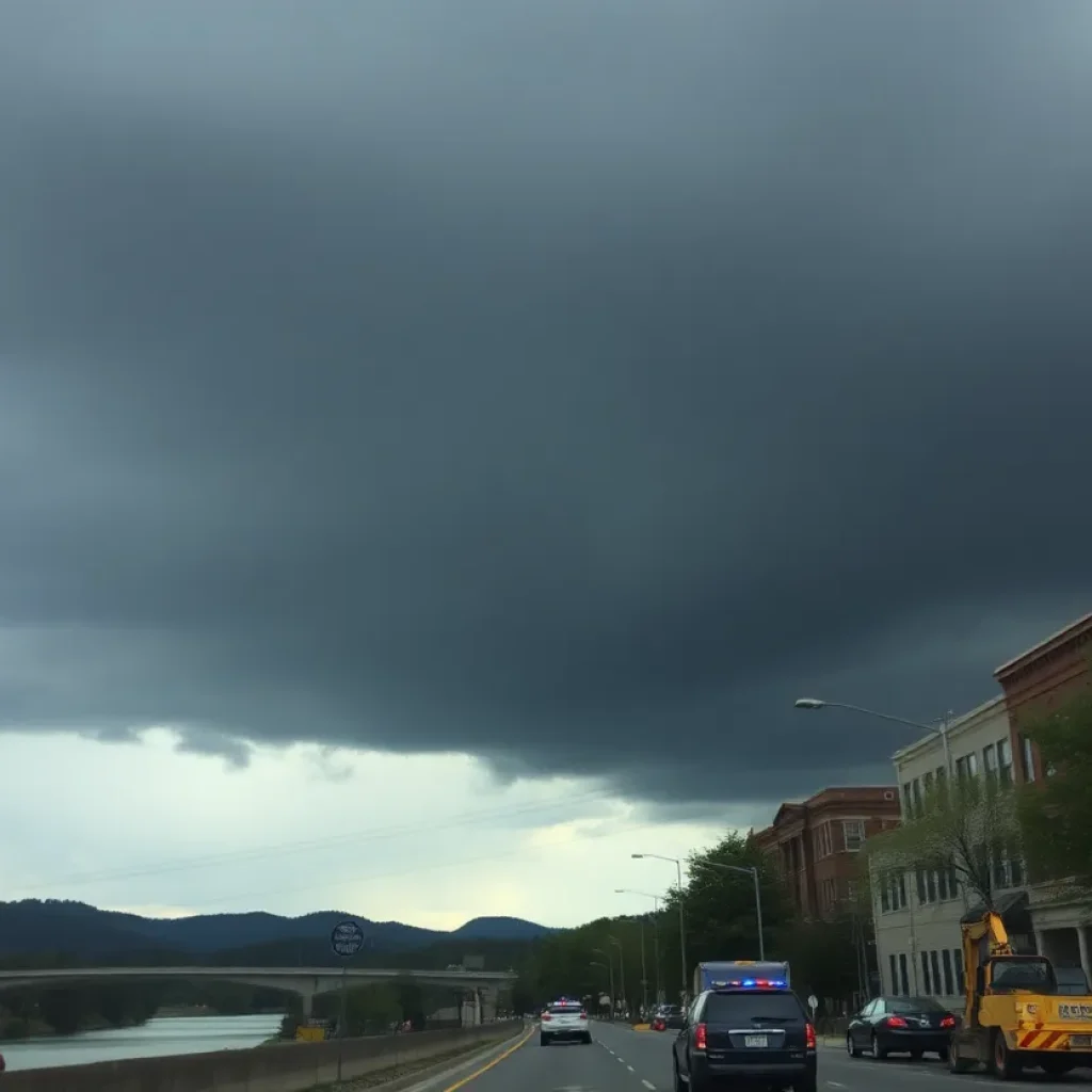 Dark storm clouds over Asheville with police and construction equipment