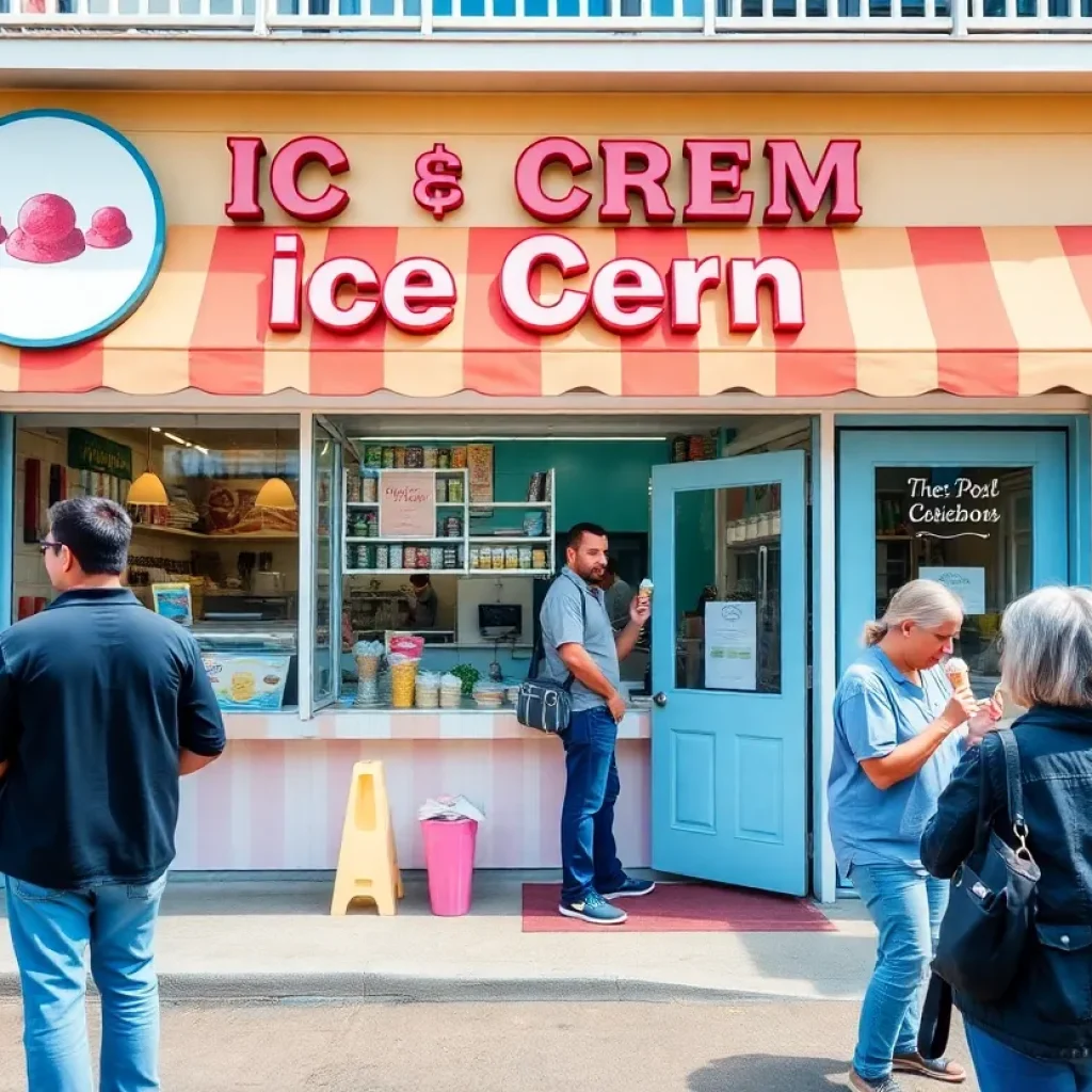 Exterior view of The Hop Ice Cream Shop in Asheville with customers enjoying ice cream.