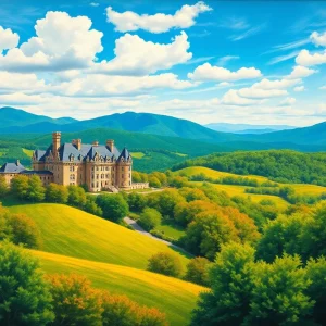 An oil painting of the Biltmore Estate landscape