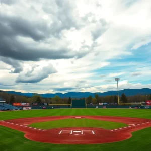 Empty Asheville baseball field under cloudy weather