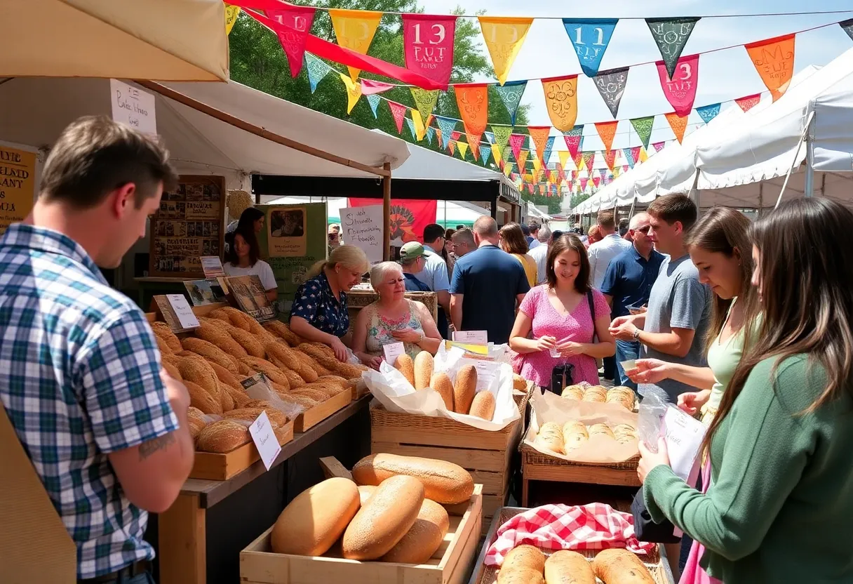 Crowd enjoying the Asheville Bread Festival with various artisan breads on display.