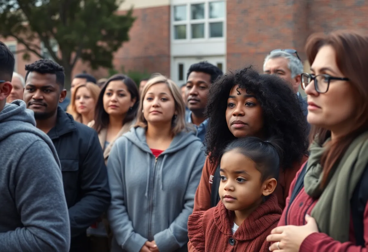 Community gathering outside a school in Asheville