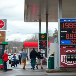 Gas station in Asheville with various fuel prices displayed on signs.