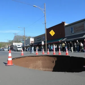 A view of the sinkhole at the intersection of Swannanoa River Road and Biltmore Avenue in Asheville, North Carolina.