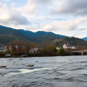 Flowing water in Asheville surrounded by the Blue Ridge Mountains