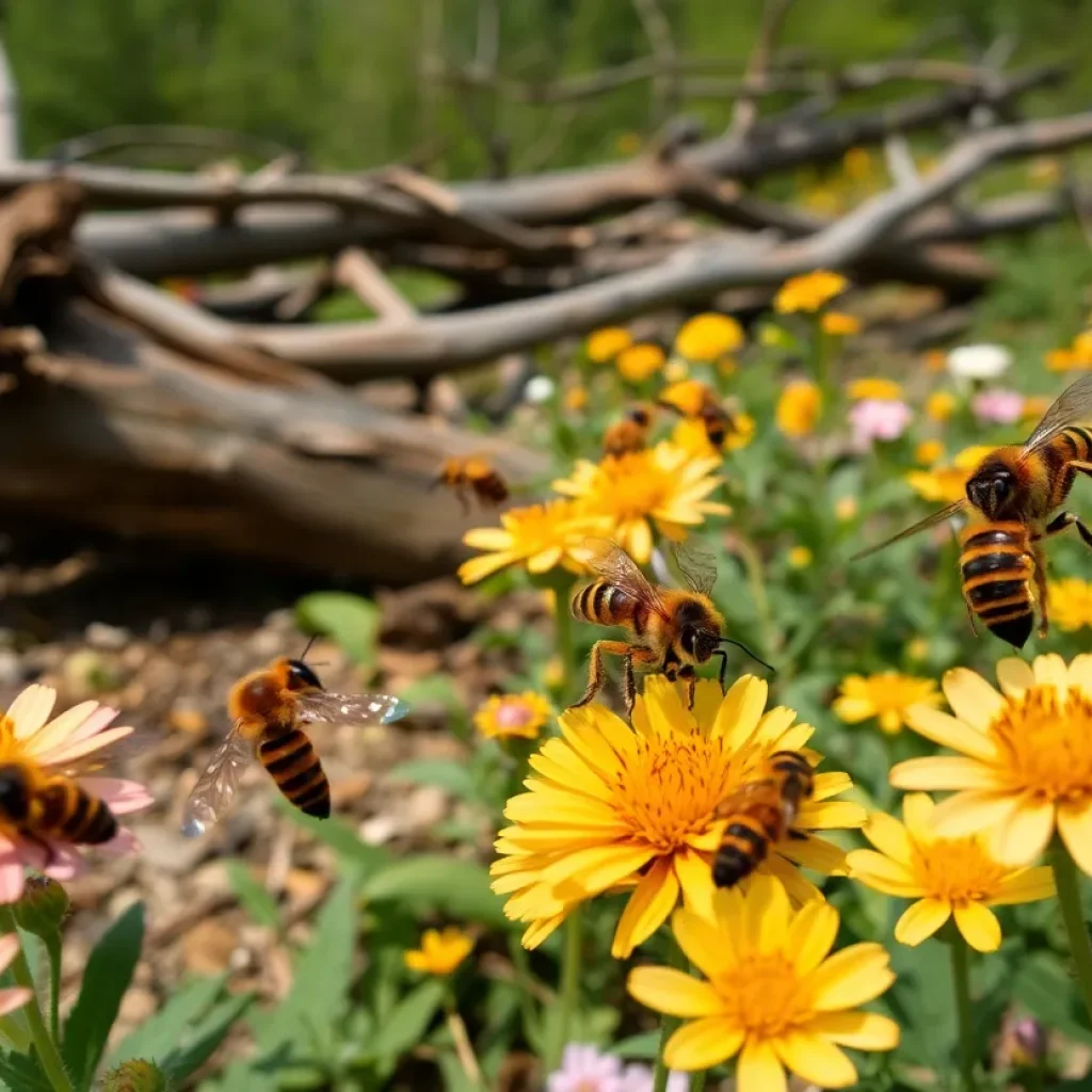 Asheville's insect ecosystem with various species interacting with a post-hurricane landscape.