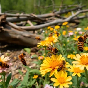 Asheville's insect ecosystem with various species interacting with a post-hurricane landscape.