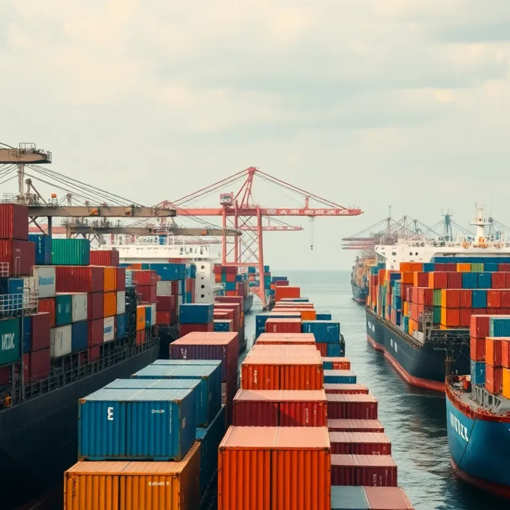 Illustration of global trade with cargo ships and containers symbolizing economic shifts