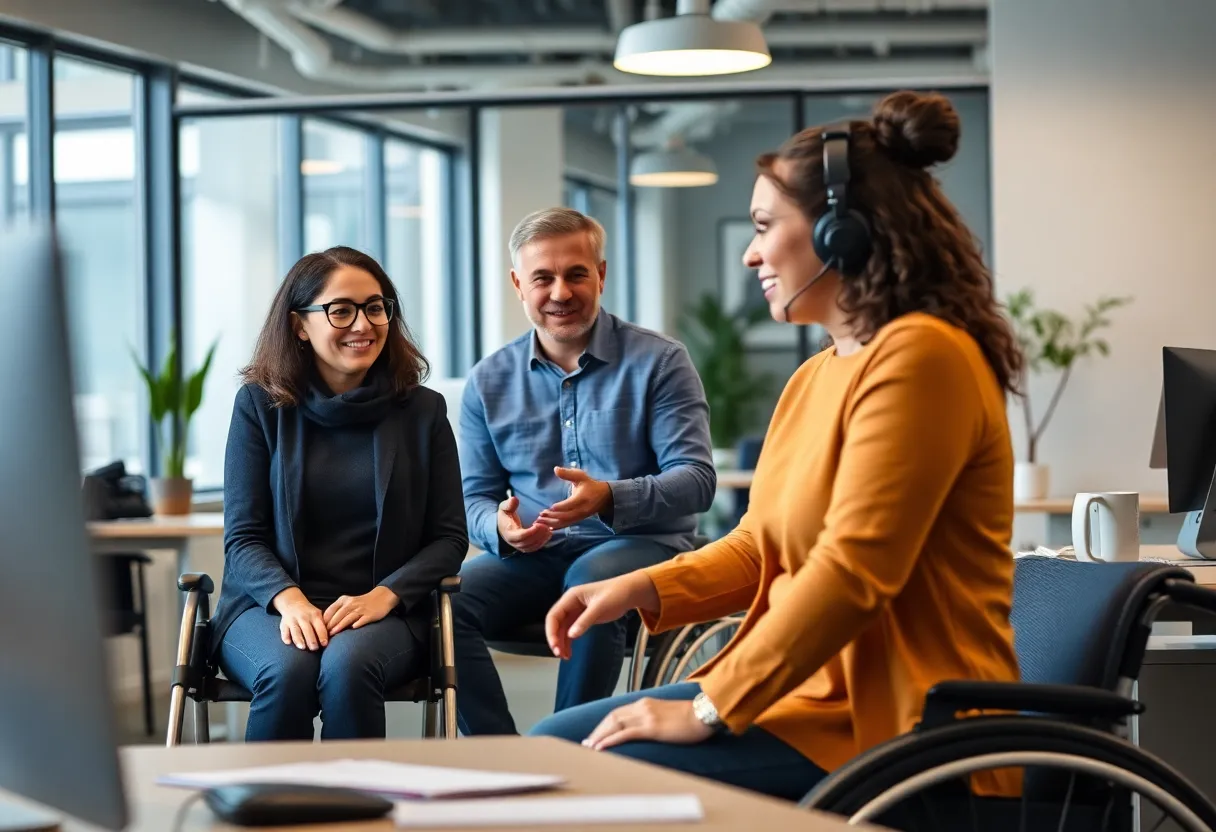 Celebration of inclusivity in a workplace setting with people collaborating.