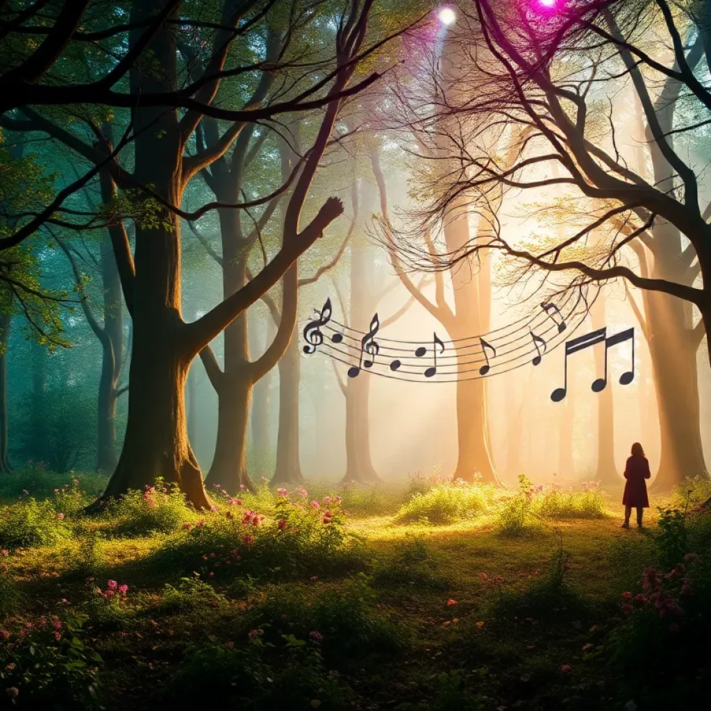 A whimsical illustration representing 'Into the Woods' theatrical performance.