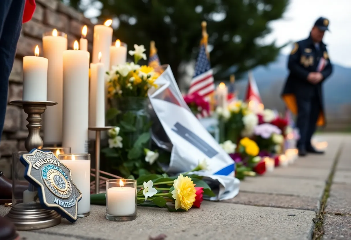 Memorial scene for K-9 Officer Bolo with flowers and candles.