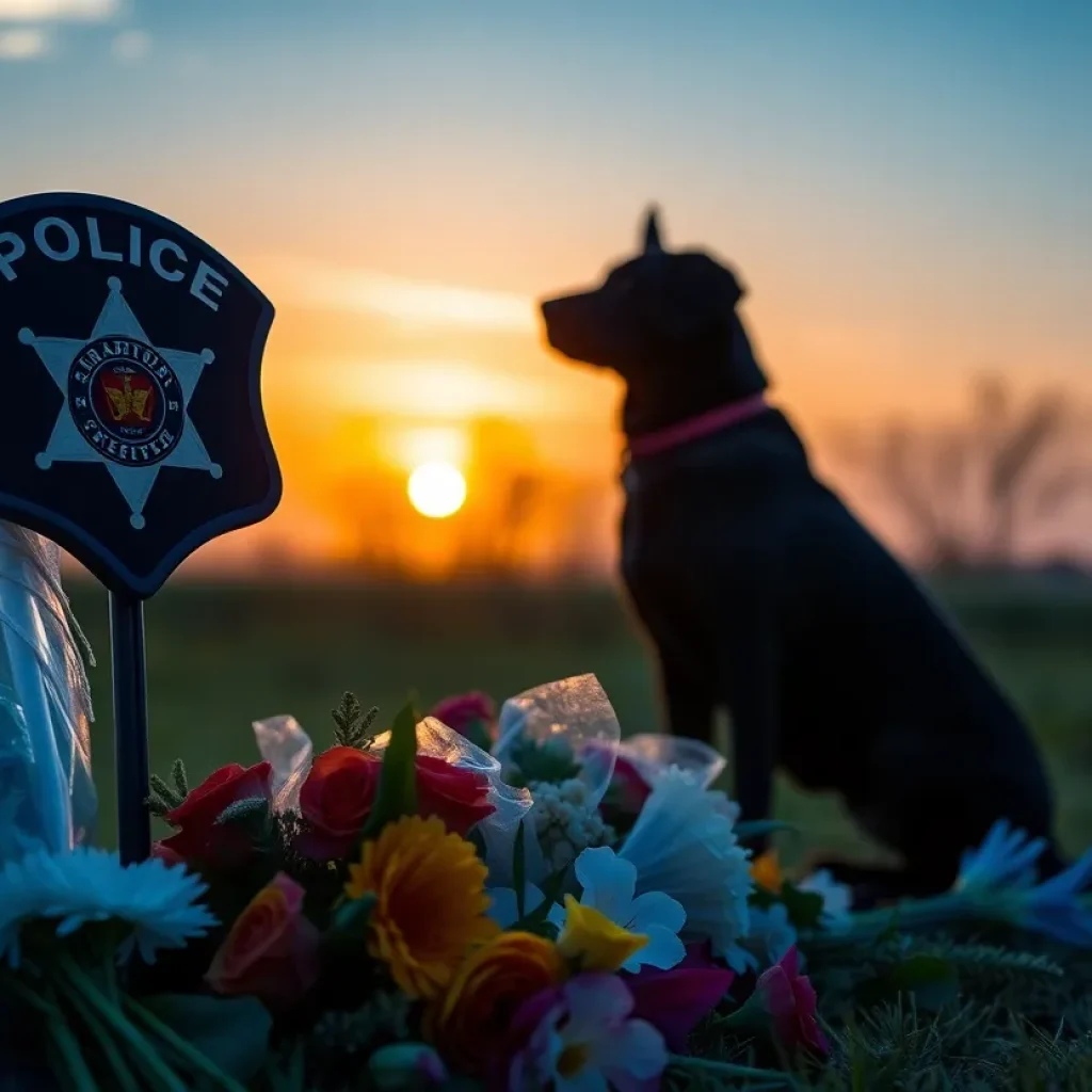 Memorial setup for K9 Officer Bolo with flowers and a police badge.