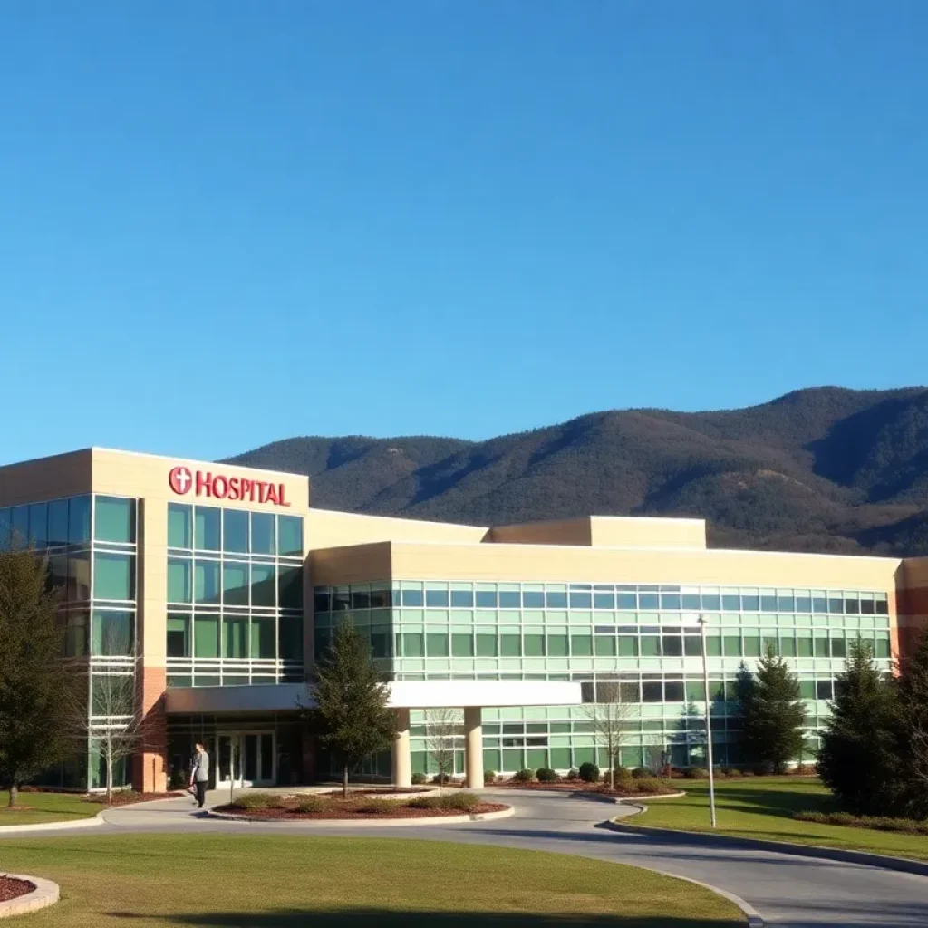 Exterior view of Mission Health hospital in Asheville with mountains in the background