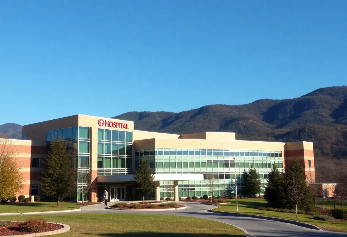 Exterior view of Mission Health hospital in Asheville with mountains in the background