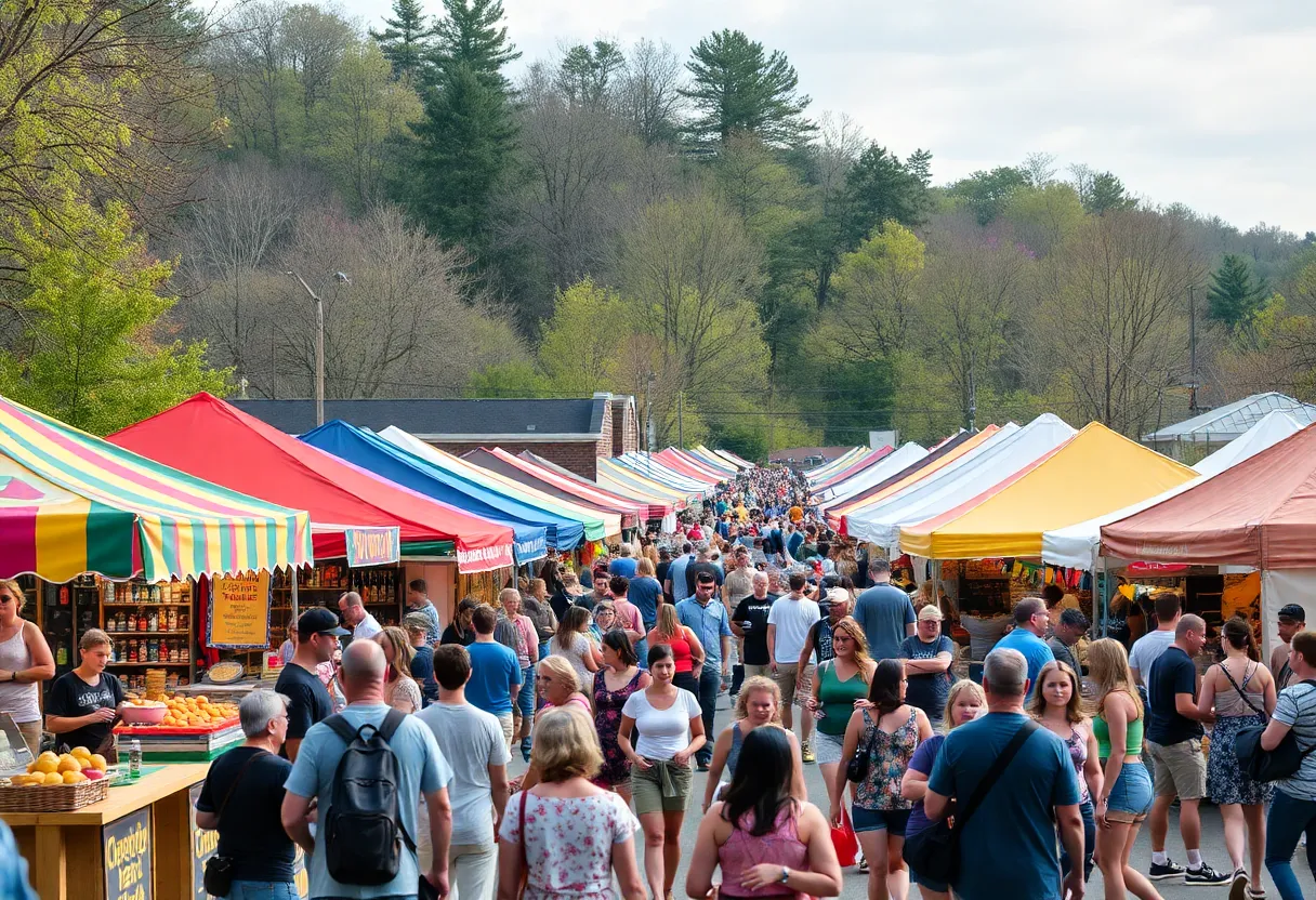 Crowd enjoying spring festivals in Asheville with colorful decorations and food stalls.
