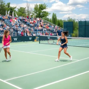 UNC Asheville Women's Tennis players competing on the court