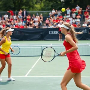 Players competing in a women's tennis match at UNC Asheville